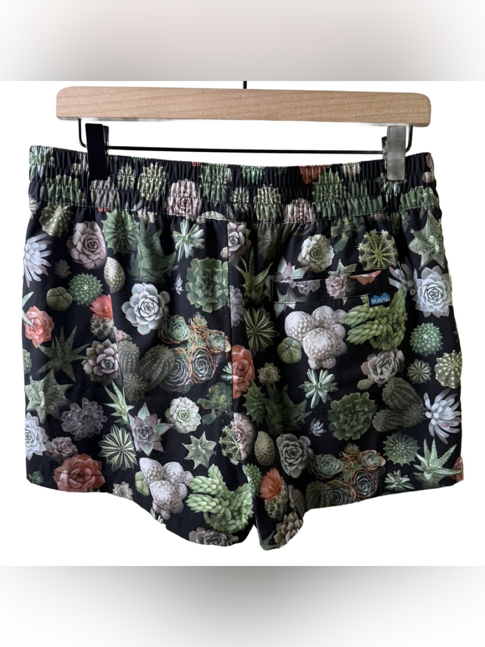 Kavu Women’s Black Athletic Shorts with Green & Coral Succulent Print - Picture 2 of 5